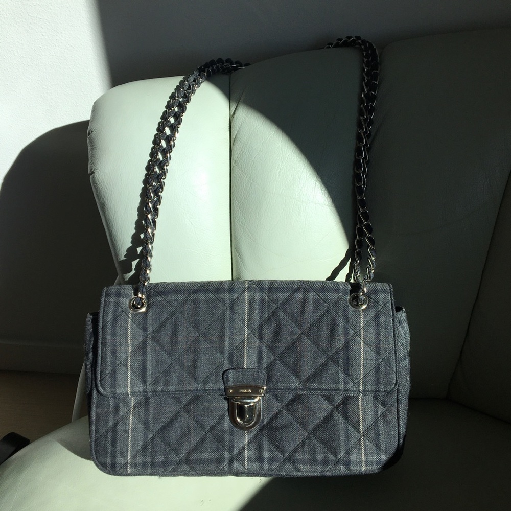 Auth PRADA Quilted Fabric Flap Bag w/ Chain Strap